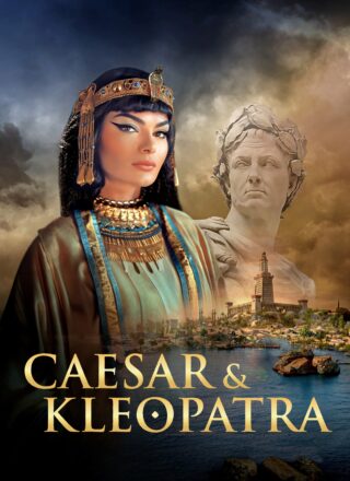 Juli und Kleo Plakat Schrift ohne Datum Logos Plakatmotiv der Ausstellung "Caesar und Kleopatra": Zu sehen ist links eine Frau in antiker Gewandung, mit einem Diadem auf dem Kopf und schulterlangen schwarzen Haaren. Sie schaut direkt in die Kamera. Hinter ihr ist transparent eine Büste des römischen Politikers Caius Iulius Caesar zu sehen. Darunter sieht man den Leuchtturm von Pharos von der Seeseite aus.