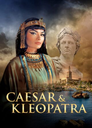 Juli und Kleo Plakat Schrift ohne Datum Logos Plakatmotiv der Ausstellung "Caesar und Kleopatra": Zu sehen ist links eine Frau in antiker Gewandung, mit einem Diadem auf dem Kopf und schulterlangen schwarzen Haaren. Sie schaut direkt in die Kamera. Hinter ihr ist transparent eine Büste des römischen Politikers Caius Iulius Caesar zu sehen. Darunter sieht man den Leuchtturm von Pharos von der Seeseite aus.
